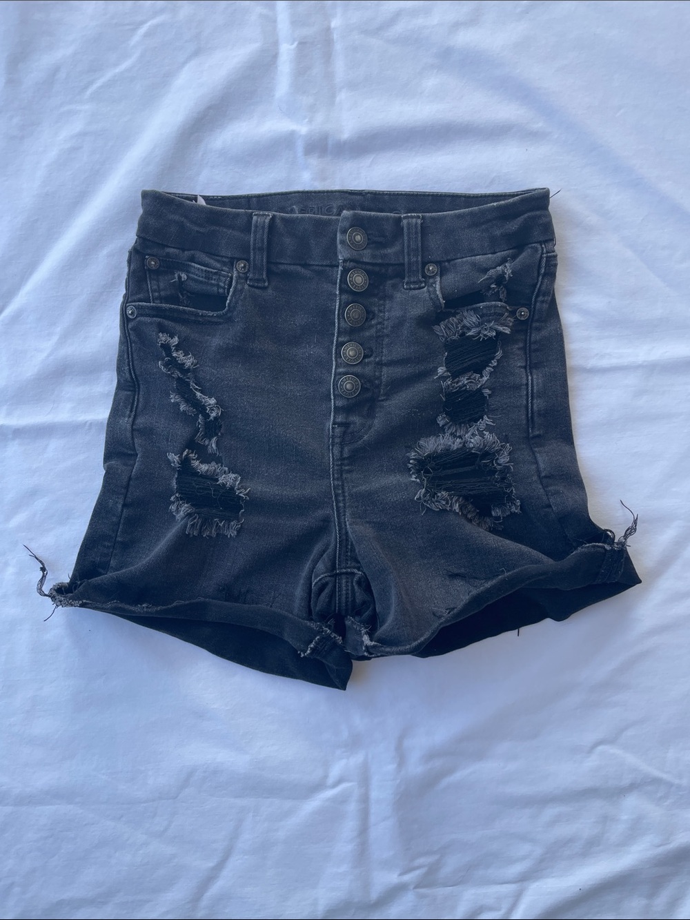 American Eagle Outfitters Black High-Waist Distressed Button-Front Shorts